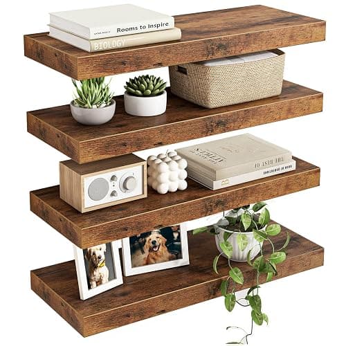 Fixwal 15.8in Wall Shelves, Rustic Wood Finish Floating Shelves Set of 4, Shelves for Wall Decor, with Invisible Brackets for Bathroom, Living Room,Bedroom and Kitchen(Rustic Brown) | Wall Shelves, for Bathroom, Living Room, Bedroom, Kitchen - Image 1