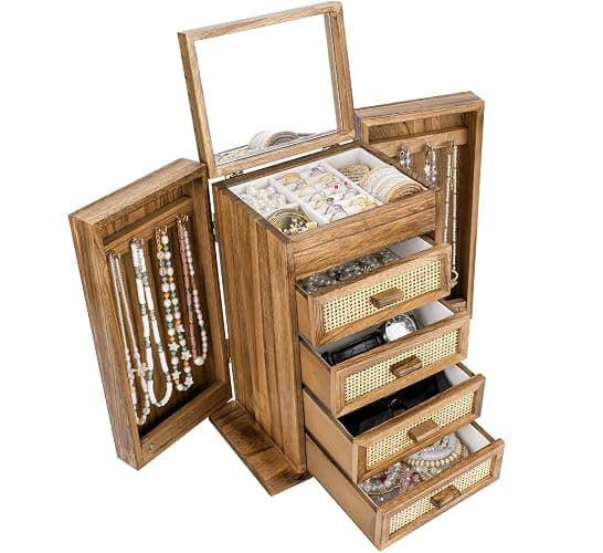 Jewelry Organizer, Rattan Jewelry Box, 5 Layer Wooden Jewelry Organizer Box with Mirror, Jewelry Boxes with 4 Drawers for Women Men, Jewelry Storage for Rings Earrings Necklaces Bracelets Watch - Image 1