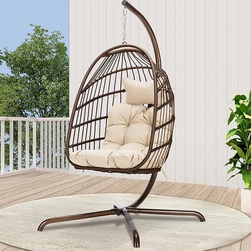 BULEXYARD Hanging Egg Swing Chair with Stand Indoor Outdoor 350lbs Capacity, Brown Wicker Hammock Egg Basket Chair with Beige Thickened Cushion for Bedroom Balcony Garden Porch Patio - Image 1
