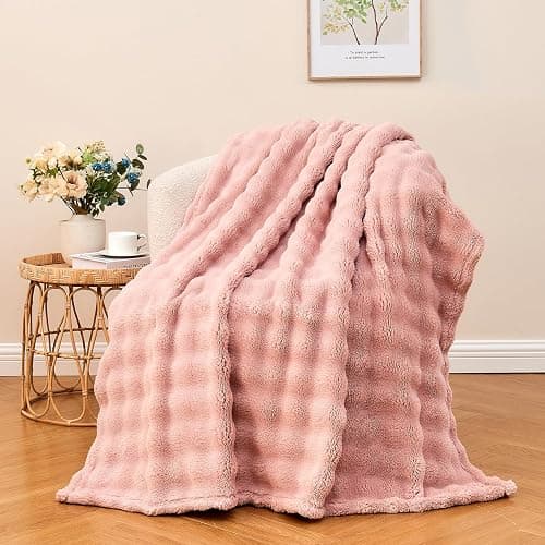 Wajade Soft Fleece Throw Blanket for Couch, 3D Small Bubble Decorative Cozy Fuzzy Flannel Blanket 60x80 Inches, Lightweight Warm Blanket for Bed Office, Pink - Pink - Twin- 60" x 80" - Image 1