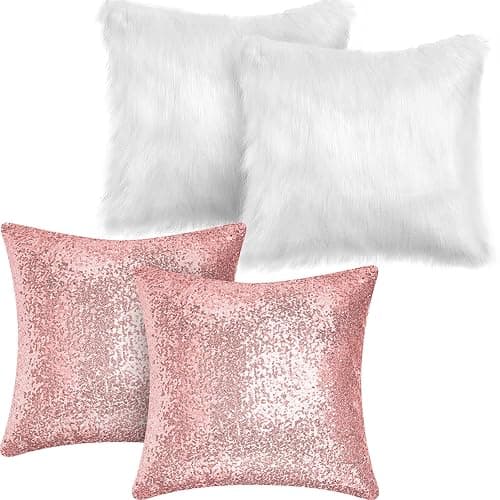 Irenare 4 Pcs Sequin and Fluffy Pillow Covers Winter Throw Pillow Cases Soft Cushion Cover for Couch Bed Sofa Xmas Day(18 x 18 Inch,Pink, White) - Image 1