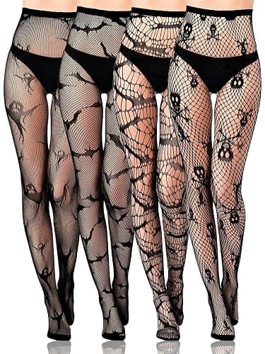 BOARDFEB 4 Pairs Black Fishnet Stocking, Black Skull Spider Web Star Bat Tights Legging Pantyhose for Women Halloween - Image 1