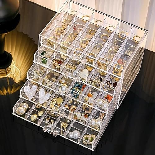 SPAKOWN Earring Organizer, Acrylic Jewelry Holder Organizer with 5 Drawers Stackable Earring Storage Case Jewelry Boxes for Women (Clear) - Image 1