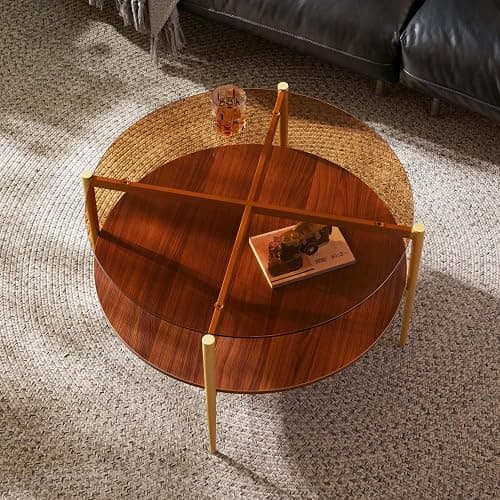 Saint Mossi Glass Round Coffee Table for Living Room, Middle-Century Modern Style, Coffee Brown Glass Top & Walnut Brown MDF Wood Top, with Gold Finish Legs & Frame - Image 1