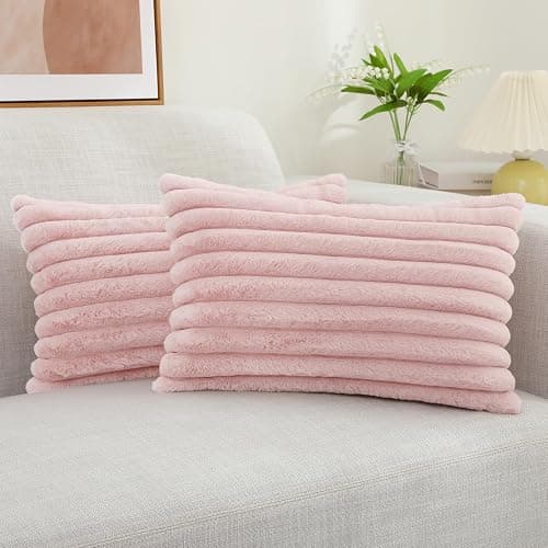 decorUhome Faux Fur Christmas Throw Pillow Covers 12x20 Set of 2, Decorative Soft Plush Striped Lumbar Neutral Couch Euro Pillow Covers with Velvet Back for Sofa, Bed, Living Room Home Decor, Pink - Image 1