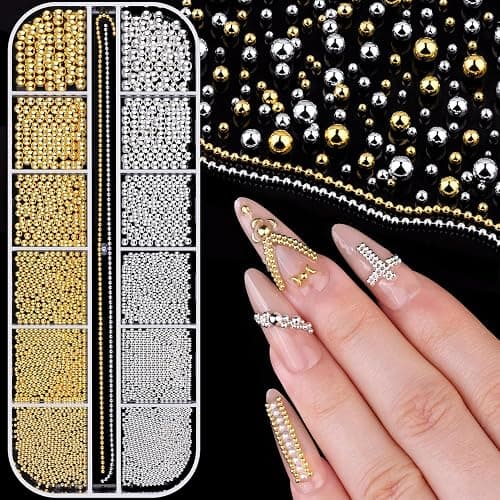 1-3MM Small Nail Beads Metal Caviar Bead Silver Gold Nail Charms and Gems | Luxurious Mini Nail Chains Ball Gold Beads for Nails Accessories Supplies Gold Rhinestones for Women Manicure - Image 1