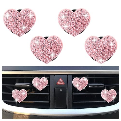 4PCS Heart-Shaped Car Vent Clips with Rhinestone,Bling Air Vent Clips Car Decorations,Premium Shiny Car Clips for Vents CCar Accessories Interior for Cars,Trucks,SUVs (Pink) - Image 1