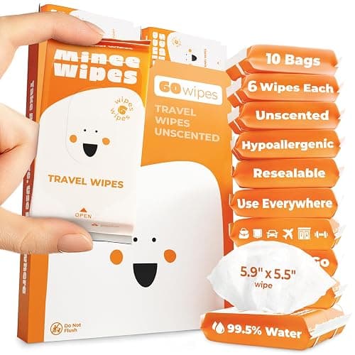 Impossibly Compact Travel Wipes - 99.5% Water - Safe for Sensitive Skin & Hypoallergenic, Resealable, Thick & Durable - For Adults & Kids - Unscented, 10 Pack Total 60 Wipes - Image 1