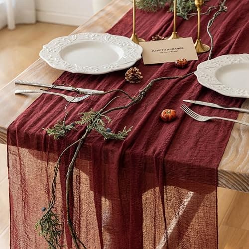 Keketoarrange Burgundy Table Runner Valentines Decor Red Cheesecloth Gauze 120 Inch 10 FT Rustic Boho Cheese Cloth Runner for Wedding Baby Bridal Shower Party Long Sheer Spring Home Decorations - Image 1