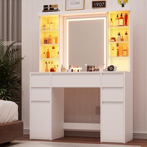 COWMOU Tall Vanity Desk with LED Mirror and RGB Lights Shelves, White Makeup Vanity with Power Outlet, Vanity Table with 5 Sliding Drawers & 2 Cabinets for for Bedroom and Dressing Room - Image 1
