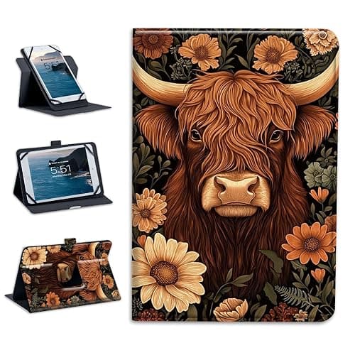 Universal Tablet Case 10.1 Inch Android Tablet Cover 360-Degree Rotation Viewing Stand Folio PU Leather Covers for All Kinds of 9-10.5Inch Android/iOS/Windows Tablets Cases,Flowers and Cows - Image 1