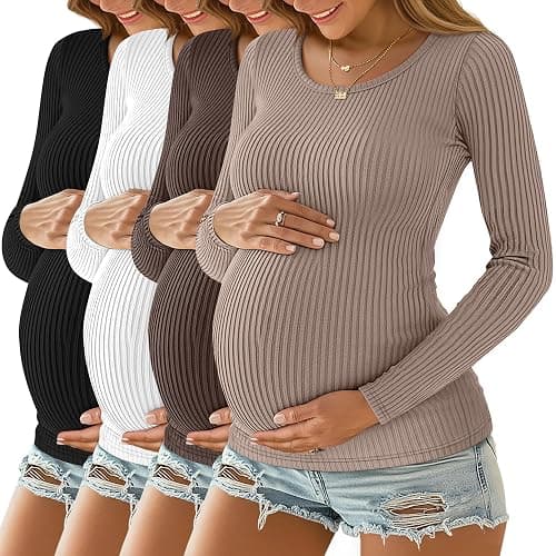 Oakgarden 4 Pack Women's Ribbed Maternity Shirts, Scoop Neck Long Sleeve Knit Pregnancy Tops Slim Basic Tee Clothes - Image 1