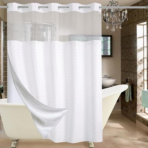 Conbo Mio No Hook Shower Curtain with Snap in Liner Set, Hotel Luxury White Shower Curtains for Bathroom with See Through Top Window, Waterproof, Washable 71W x 74H - Image 1