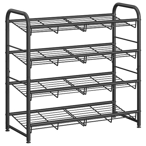 SONGMICS Stackable Shoe Rack, 4 Tier Metal Shoes Rack Storage Shelf, Holds up to 16 Pairs Shoes, Adjustable Slanted Shelves Shoe Tower Organizer for Closet Entryway Small Spaces, Black - Image 1