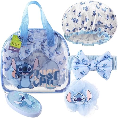 Disney Stitch Shower Accessories Set and Clear Toiletry Bag with Shower Cap Headband Bath Sponge for Bath Spa, Gifts for Girls, Teens, Women (Blue Stitch) - Image 1