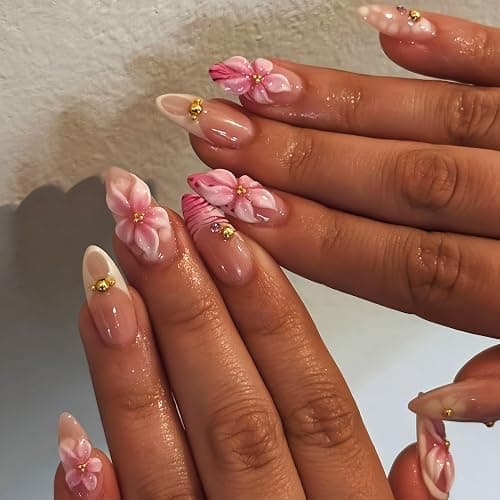 3D Flower Summer Press on Nails Medium Almond French Tip Fake Nails 3D Flower Hibiscus with Gold Beads Design Glue on Nails Full Cover Artificial Acrylic Nails Stick on Nails for Women Manicure Decor - Image 1