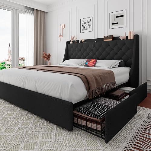 iPormis Full Size Bed Frame with 4 Storage Drawers, Upholstered Platform Bed Frame with Type-C & USB Ports, Wingback Storage Headboard, Solid Wood Slats, No Box Spring Needed, Black - Black - Full - Image 1