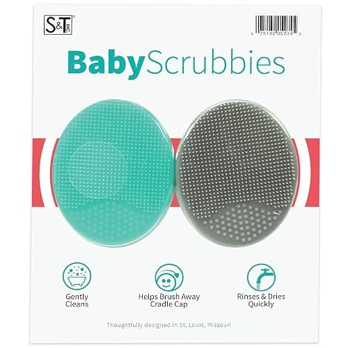 S&T INC. Exfoliating and Massaging Cradle Cap Bath Brushes for Baby, Silicone - 2 Inch x 2.5 Inch, Grey and Teal, 2 Pack - Image 1