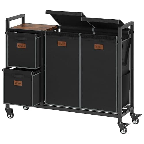 Hoctieon 4 Section Laundry Cart, 48 Gal. (182L) Laundry Hamper with Lid, Laundry Basket with Wheels, Rolling Laundry Sorter Organizer with Shelf, Clothes Separator with Removable Bags, Black - Image 1