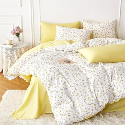 Wake In Cloud - Floral Comforter Set, Coquette Cottagecore Aesthetic Cute Flower Pattern for Women Teen Girls, Soft Lightweight Dorm Bedding, 3 Pieces, Yellow White, Queen Size - Image 1