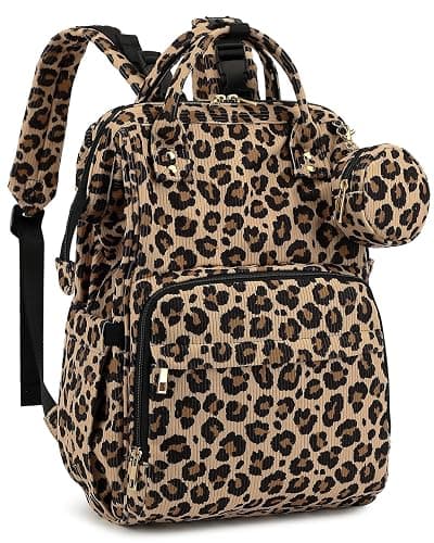 fufazfo Corduroy Diaper Bag Backpack, Large Capacity Multifunction Baby Diaper Bags for Women, Insulated Bottle Pockets & Pacifier Case, Stylish Travel Nappy Changing Bags for Mom Dad (Leopard Brown) - Image 1