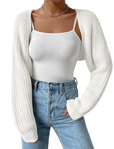 SECRETEYARD Women's Long Sleeve Open Front Knitted Crop Cardigan Drop Shoulder Knit Bolero Shrug Sweater - Image 1
