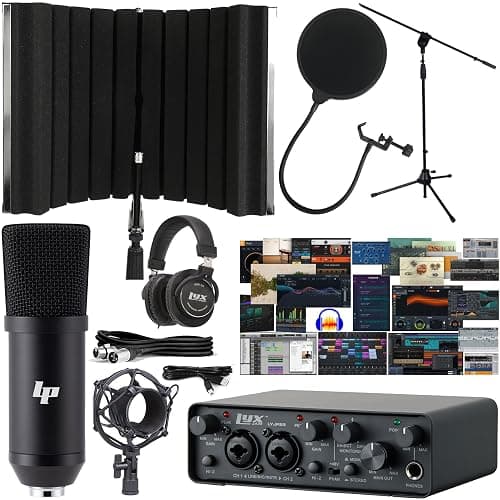 LyxJam 2x2 USB Audio Interface with Asio Driver and NEW Creative Software Bundle with LP Professional Condenser Microphone Kit, Mic Stand and Recording Headphones, Isolation Recording Shield - Image 1