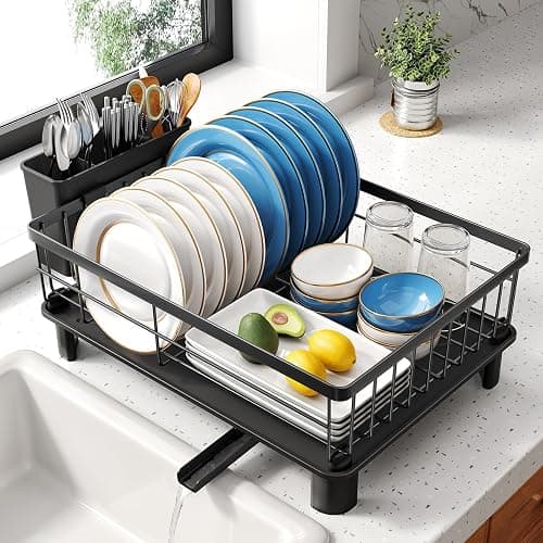 SNTD Dish Drying Rack - Space-Saving Dish Rack for Kitchen Counter, Stainless Steel Dish Drainer with Utensil Holder and Drainboard, 11" W x 15" L (Black) - Image 1