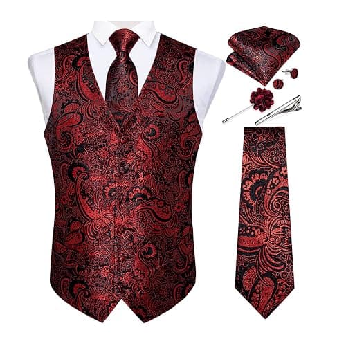 DiBanGu Mens Vest and Tie Set Formal Paisley Waistcoat and Necktie Pocket Square Cufflinks Silk Suit Vest for Tuxedo Wedding - Image 1