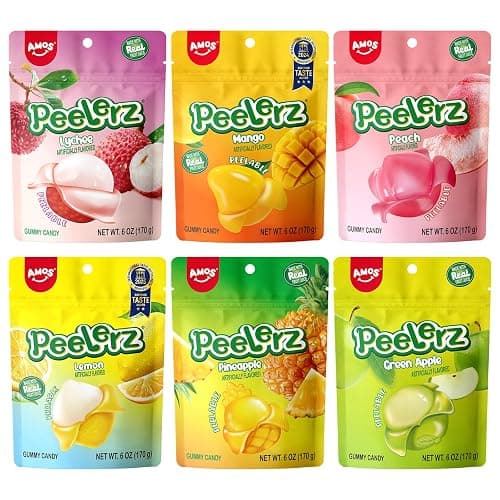 Amos Peelerz Peelable Gummy Candy–Assorted Fruit Flavors(Lychee, Mango, Peach, Lemon, Pineapple, Green Apple)-6 pack, Made with Real Fruit Juice, Soft Chewy Texture, Fun Peel-and-Eat Snacks, 36oz - Image 1
