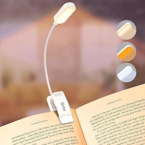 Gritin Lampe de Lecture 16 LED, Liseuse Lampe Clip Rechargeable, Gradation Progressive, 3 Modes de Protection des Yeux (Blanc/Ambre/Mixte), 360°Cou Flexible pour Lire au Lit,Blanc - Image 1