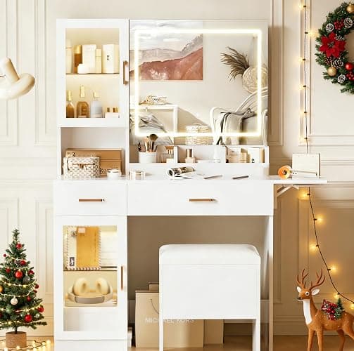 NUNU LAB Vanity Desk with Mirror and Lights, Makeup Vanity Set with Storage Shelf and Drawers, Bedroom Dressing Table with RGB Cabinets, Cushion Stool & Brighter LED Lights for Women, Girls, Teens - Image 1