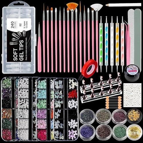 Acrylic Fake Nails Kit with Press on False Nail Tips Nail Art Brushes Nail Stand Nail Rhinestones Pearls Nail Charms Glitter Powder Sticker Nail Design Kits with Everything for Beginners Home Salon - Image 1