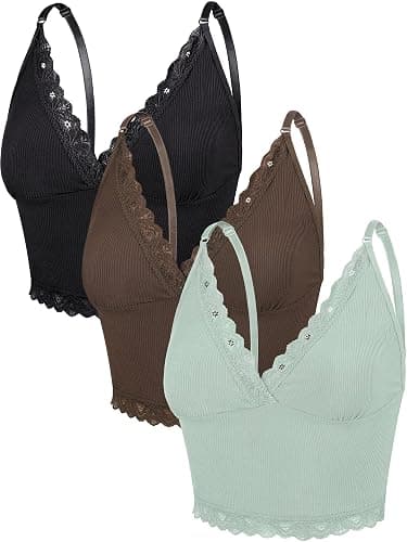 3 Pieces Women's Rib Knit Cami Tops Lace Trim Camisole Sleeveless Adjustable Strap Crop Top Solid Cami for Women - Image 1