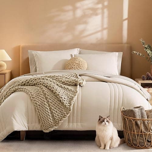 Monbix Queen Comforter Set - 7 Pieces Beige Bed in a Bag Queen Bedding Sets with Comforters, All Seasons Comforter Bed Set with Sheets,Pillowcases & Shams - Image 1