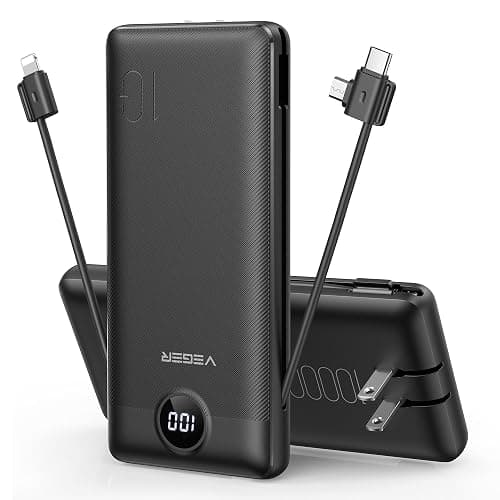VEGER Portable Charger for iPhone Built in Cables and Wall Plug, 10000mah Slim Fast Charging USB C Power Bank, Travel Essential Battery Pack Compatible with iPhones, iPad, Samsung More Devices(Black) - Image 1