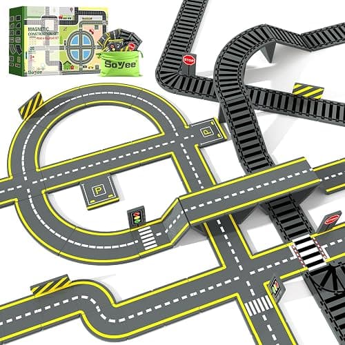 Magnetic Tiles Road & Train Track Expansion Pack Magnetic Building Blocks Construction Toys Kids Toys for Ages 3-12 Boys Girls Building Toys Includes Road Tracks, Traffic Lights, Parking Spot - Image 1