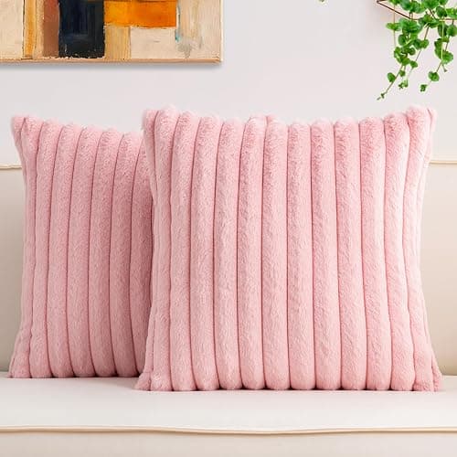 Aegero Pack of 2 Faux Fur Christmas Throw Pillow Covers 18x18 Inch, Pink | Fall Plush Striped Couch Pillow Cover, with Velvet Back Modern Home Decorative Throw Pillow for Sofa Living Room Couch Bed - Image 1