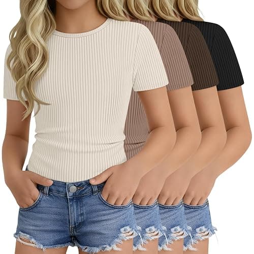 Oakgarden 4 Pack Girls T Shirts 5-14 Years Short Sleeve Ribbed Tops Crew Neck Slim Fit Summer Casual Cute Basic Tees for Kids - Image 1