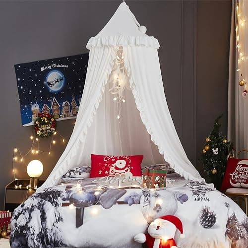 VETHIN Bed Canopy for Girls,Princess Round Dome Dreamy Mosquito Net Bedding Girls Room Castle Play Tent Hanging House Decor Reading Nook Canopies (White) - Image 1