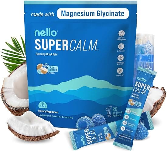 Nello Supercalm Drink Mix with Magnesium Glycinate, KSM 66 Ashwagandha, Vitamin D3 and L Theanine, Calm Powder Supplements for Relaxation Support, No Sugar, Travel Packets, 20 Ct, Blue Coconut - Image 1