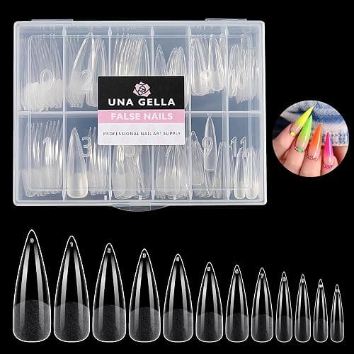 UNA GELLA Stiletto XXL Nail Tips No Need File Extra Long Stiletto Nails Full Cover 120PCS Long Almond Gel Nail Tips Pre-buff Press on Fake Nails for Gel Nail Extension Home DIY Salon 12 Size - Image 1