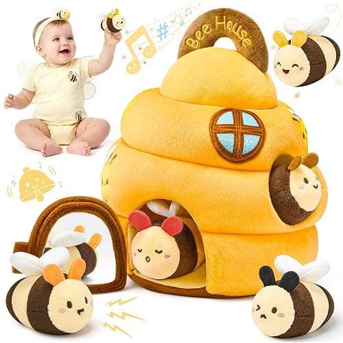 Baby Toys 6-12 Months - Beehive Infant Toy with 5 Sensory Bees Stuffed Animals, Crinkle, Rattle, Mirror & Music, Montessori Toys for 6 7 8 9 10 11 12 Month Old Baby Boys Girls Birthday Christmas Gift - Image 1