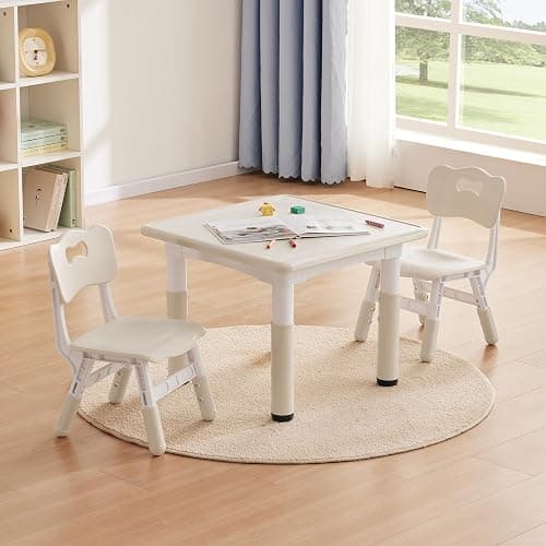 GITAWUSA Kids Study Table and Chairs Set, Height Adjustable Toddler Table and Chair Set for Kids Ages 3-8, 23.6" L x 23.6" W Graffiti Desktop Plastic Children Art Table with 2 Seats, Burlywood - Image 1
