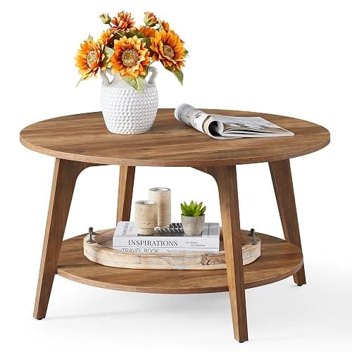 VASAGLE MAEZO Collection - Round Coffee Table, 2-Tier Center Table with Storage, Tapered Legs, Curved Transitions, 31.5 Dia. x 17.7 H Inches, Easy Assembly, for Living Room, Honey Brown ULCT243K41 - Image 1