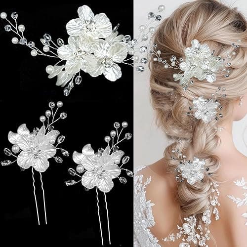 3 PCS Large Flower Bridal Wedding Hair Pins Crystal Pearl Hair Clips Headpiece Bride Hair Accessories Jewelry with Rhinestone, Glitter Emboss White Flower - Image 1