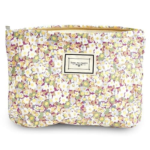 Sminra Makeup Bag Cosmetic bag Preppy Canvas Toiletry Bag for women Cute zipper pouch Organizer Travel accessories (Garden Floral-Green, Large) - Large - Garden Floral-Green - Image 1