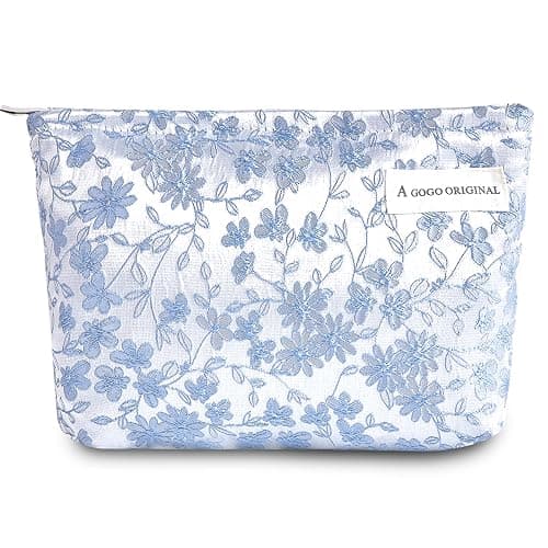 Sminra Makeup Bag Cosmetic bag Preppy Canvas Embroidery Toiletry Bag for women Cute zipper pouch Organizer Travel accessories (Blue Small Flowers, Large) - Large - Blue Small Flowers - Image 1