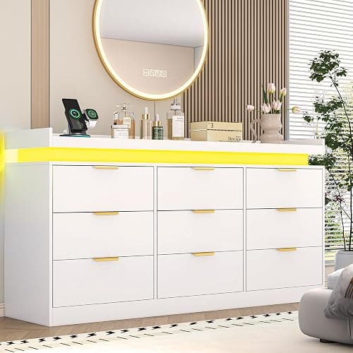 9 Drawer Dresser for Bedroom, White Dresser with LED Lights and Charging Station, Modern Chest of Drawer, Wood Triple Wide Drawer Organizer Cabinet for Bedroom, Living Room, Entryway, Hallway - Image 1