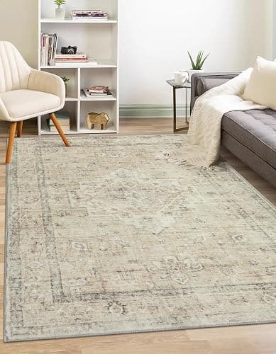 LIVEBOX Bedroom 4x6 Washable Area Rug for Entryway Kitchen, Non-Slip Soft Boho Rugs for Dining Room Office, Farmhouse Low-Pile Neutral Soft Carpet for Nursery Room Playroom, Tan - Image 1